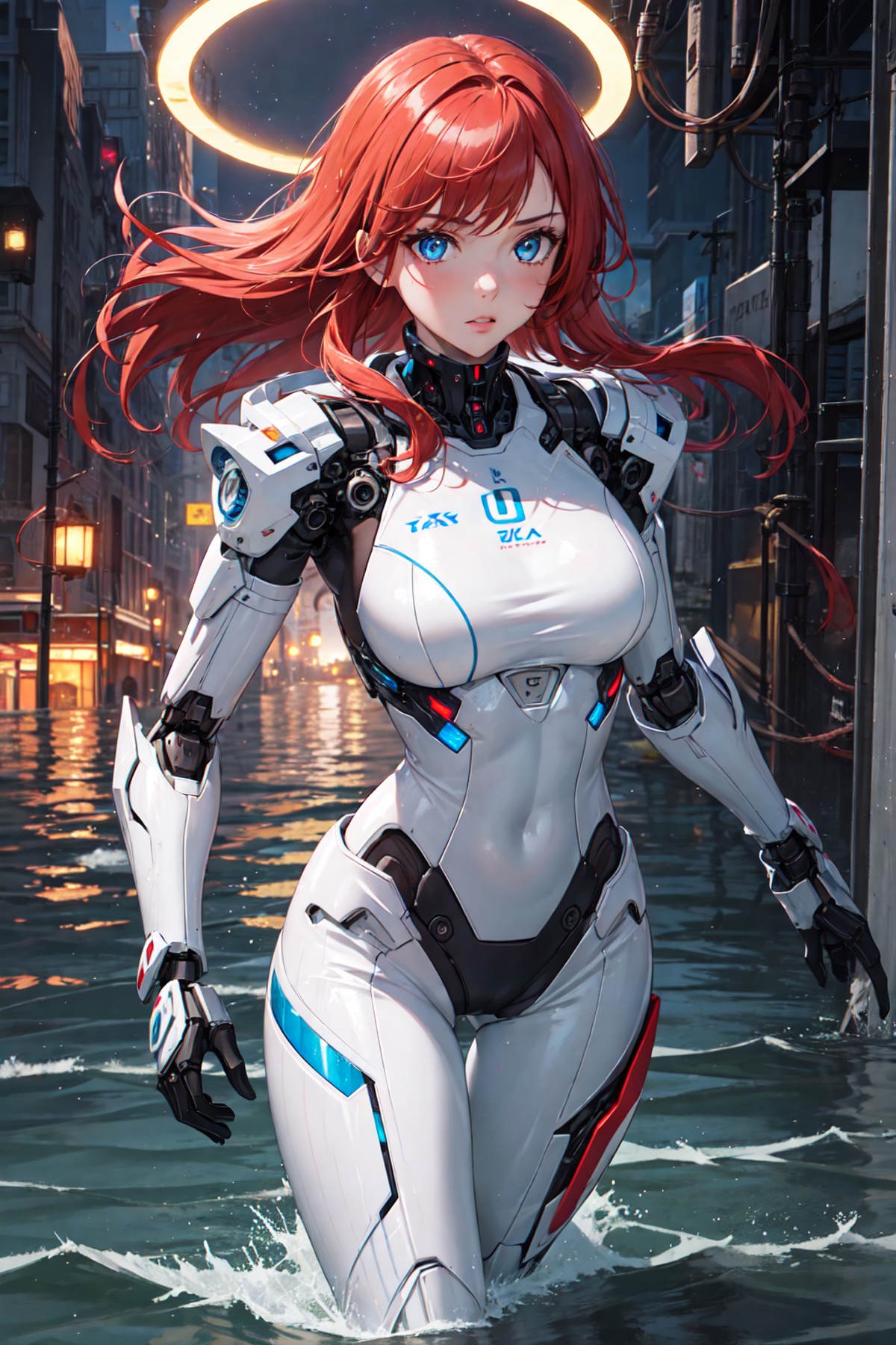 1girl, solo focus, tall female, red hair, blue eyes, glowing eyes, mechanical parts, robot girl, white suit, running throu...