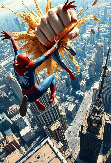 A dynamic image bursts forth, capturing the epic clash between Spiderman and Sandman high atop a skyscraper. In the foreground, Spiderman lunges towards Sandman, his body a blur of red and blue. His web-shooters fire streams of webbing, aiming to ensnare his formidable foe. Sandman roars, his massive, sand-formed fist smashing towards Spiderman. Grains of sand fly everywhere, catching the light and creating a swirling vortex around the combatants. The middle ground reveals the precarious setting: the rooftop of a skyscraper, its edges crumbling under the force of the battle. Antennas sway precariously, and debris plummets towards the city below. The background is a vibrant cityscape, a tapestry of towering buildings and bustling streets, dwarfed by the colossal figures battling above. The lighting is dramatic, with bold contrasts of light and shadow, emphasizing the dynamic action. The composition is a diagonal, high-angle shot, creating a sense of dizzying height and intense movement. The intended emotion is one of thrilling action, suspense, and the awe-inspiring scale of a superhero battle. Emulating the style of classic comic book art, particularly the work of Steve Ditko and Todd McFarlane, the image emphasizes exaggerated anatomy, dynamic poses, and bold colors. Sandman's form has a granular, shifting texture, contrasting with Spiderman's smooth, form-fitting suit.