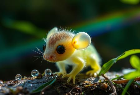 furry little translucent mammal in a rain forest zoomed in, rainbow of light reflection off dew, green and vivid colors, wild fog, large eyes, transparent body, similar to jelly fish