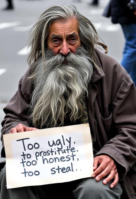 a homeless man with a long grey beard, ragged clothes, and long hair, sitting on the street. He holds a collection cup with a sign that reads: "Too ugly to prostitute, too honest to steal."