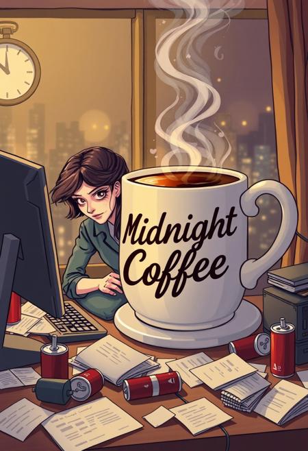 "Illustrate a woman hunched over her PC, surrounded by scattered papers and empty energy drink cans, as the clock strikes midnight. But she's fueled by a gargantuan cup of coffee, emblazoned with the defiant slogan 'Midnight Coffee' in bold, cursive letters. The cup is comically oversized, with a saucer that's more like a manhole cover, and a steam plume that rises like a miniature skyscraper. The woman's eyes, though bloodshot, shine with determination as she types away, her fingers flying across the keyboard. The coffee's rich aroma wafts up, surrounded by a halo of golden light, as if the brew is imbuing her with superhuman productivity. The background is a warm, muted color, with the cityscape outside the window a blurred, twinkling haze, as the woman's focus narrows to the task at hand." highest-Quality, intricate details, visually stunning, Masterpiece