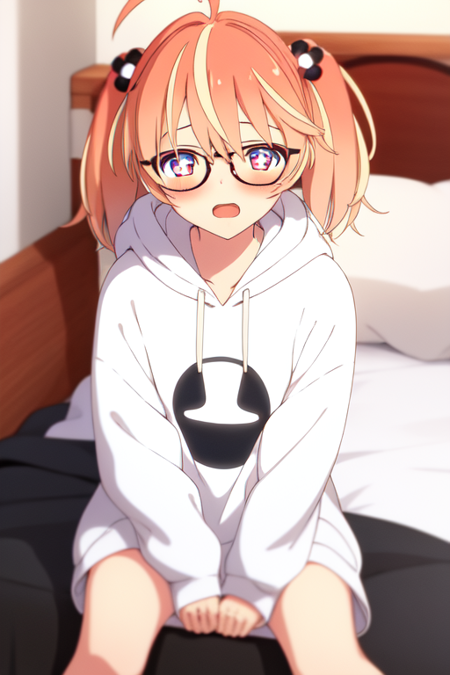 rinne, glasses, hair bobbles, an anime girl with orange hair sitting on top of a bed in a white hoodie, 1girl, solo, glasses, white hoodie, ahoge, blurry background, looking at viewer, orange hair, blurry, twintails, hood, open mouth, sitting, blush