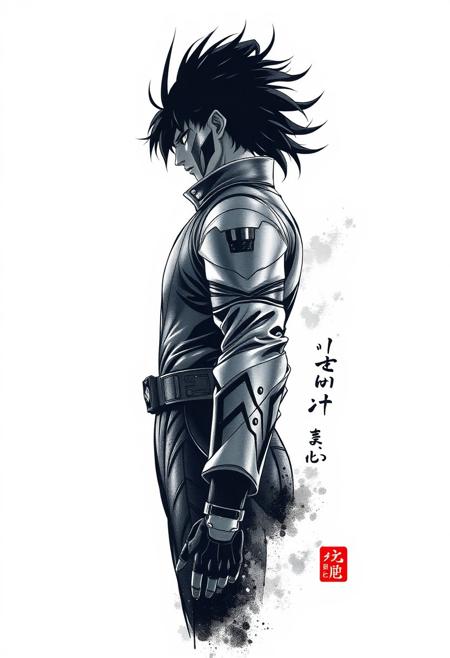 robert t techno style , Background: Clean, soft white gradient with faint shadows and smudges, creating a stark contrast that emphasizes the character’s metallic textures and silhouette., in ukiyo-e art style, traditional japanese masterpiece