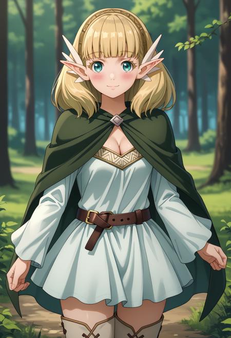 medium hair, blonde hair, aqua eyes, blunt bangs, pointy ears, hair ornament, hairband NefritisDress, white dress, off shoulder, cleavage, pendant, long dress NefritisAdventurer, green capelet, white dress, cleavage, brown belt, short dress, long sleeves, thigh boots, white thighhighs NefritisBikini, frilled bikini, green bikini, cleavage, large breasts, underboob, bikini skirt