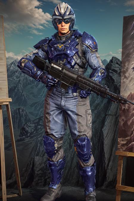 (8k, best quality,high quality clothes, masterpiece:1.2,hhgh precision skin,,rich facial texture),nc,a man in a futuristic costume with a gun in his hand and a helmet on his head stands with his feet on the ground,a painting of a mountain landscape with a castle in the distance and a blue sky above it with clouds <lora:PS2lrm:0.75>