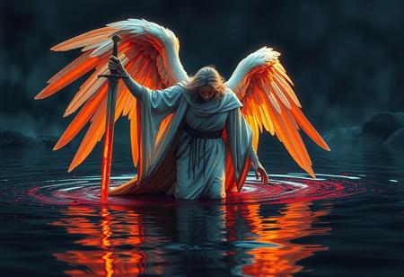 Angel clad in white with a sword, blood dripping, water, reflections, transparency, provoking, vivid color, Mordor: A dark and evil land, Ernst Haas, golden hour