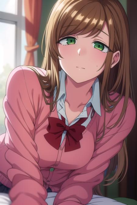 minakosanada, <lora:minakosanada-lora-nochekaiser:1>, 
minako sanada, long hair, brown hair, (green eyes:1.5),
BREAK long sleeves, bow, school uniform, bowtie, red bow, cardigan, pink cardigan,
BREAK looking at viewer,
BREAK indoors, classroom,
BREAK <lora:GoodHands-vanilla:1>, (masterpiece:1.2), best quality, high resolution, unity 8k wallpaper, (illustration:0.8), (beautiful detailed eyes:1.6), extremely detailed face, perfect lighting, extremely detailed CG, (perfect hands, perfect anatomy),