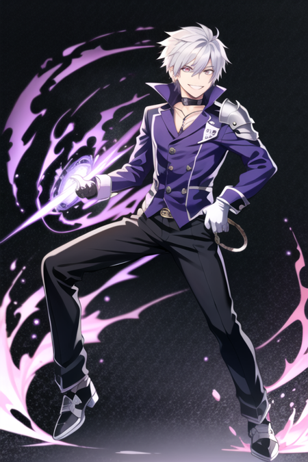 <lora:AddElsword-10:0.5>, edward grenore, solo, smile,  shirt, gloves, 1boy, jewelry, purple eyes, full body, white hair, male focus, choker, black gloves, pants, armor, grin, black pants, purple shirt