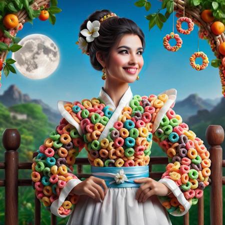 score_10 , score_9, score_8_up, score_8, Masterpiece, High Details, HD, 8K, Photorealistic, perfect, High Quality, a woman, asian, black hair, brown eyes, chinese clothes made of fruit loops, FrootLoops texture, clothes made of fruit loops, medium body shot, smiling, dress made of fruit loops, earrings, FrootLoops patterns, highly detailed, photorealistic, fence, print, flower, hair bun, hair ornament, hair stick, hand up, jewelry, leaf, light skin, light smile, lipstick, long hair, long sleeves, looking at viewer, makeup, moon, night, outdoors, parted bangs, plant, railing, red lips, single hair bun, sky, sleeves past wrists, slim, solo, standing, updo, upper body, pink and white hanfu, white flower, wide sleeves,