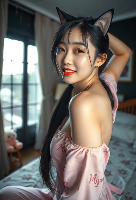 DSLR-style, slender, elegant 26-year-old Korean model, extremely pale skin with natural texture, soft shadow on cheek, diffused daylight from side, parted lips, masterpiece, ultra high-res  
<lora:NOOB_vp1_detailer_by_volnovik_v1:1>
barely visible pores, subtle skin texture variation, translucent skin tone, full body. 
masterpiece,best quality,amazing quality, usnr
1 cat woman, adult, big boobs, pink ruby eyes, cat tail, tail band, cat ears, long ponytail, black hair, happy, shoulderfree, shoulders, (sideboob:1.1), open pajamas, printed pajamas, pink pajamas, dancing, arms up, wariza, (rainy foreground:0. 9), (open window in foreground:1.1), dark room, (large room:1.1), on bed, curtains, lamp, cute stuffed animals, (poster:0.9), (bookshelf:0.9), (black background:1.1), focus, looking at viewer, (from outside:1.1), (from above:1.1), from behind, ass focus, full body, low angle
