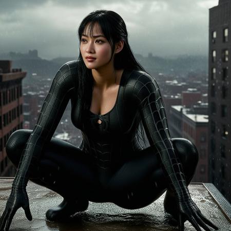 score_9, score_8_up, score_7_up, best quality, realistic, masterpiece, beautiful detail, hyperrealistic, rainy scenery, squatting on her tips of her feet on top of a building, ((1girl, woman body, large breast)), amazing detailed full body of a cute korean girl, wearing a realistic and highly detailed black raimi spider-man suit, ((defined muscular girl)), professional model wears ultra - detailed black raimi spider - man suit, ultra - detailed and grained black raimi spiderman suit, suit covered entire body and hand, black spiderman gloves, wet, (black hair, attraction, light smile), close up, octane render, highly detailed, volumetric, dramatic lighting, (highest quality:1.1), (HDR:1.3), (top quality, best quality), realistic, high definition, sharp contrast between light and shadow, athletic and fit physique, highly detailed and accurate portrayal, photorealistic rendering, tense and alert atmosphere cinematic scene, cinematic lighting, intricate detail skin and facial texture, lifelike expression, accurate character design, interesting and complex background details,