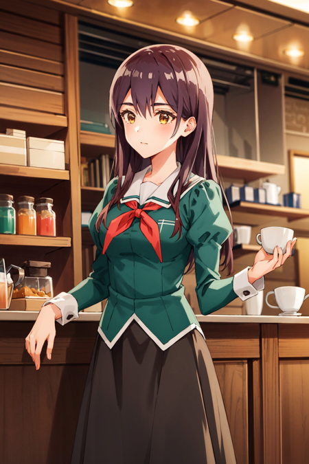 masterpiece, high quality, highres, 1girl, solo, yano, <lora:yano:0.7>, school uniform, long skirt, long sleeves, puffy sleeves, red neckerchief, indoors, coffee shop, cowboy shot