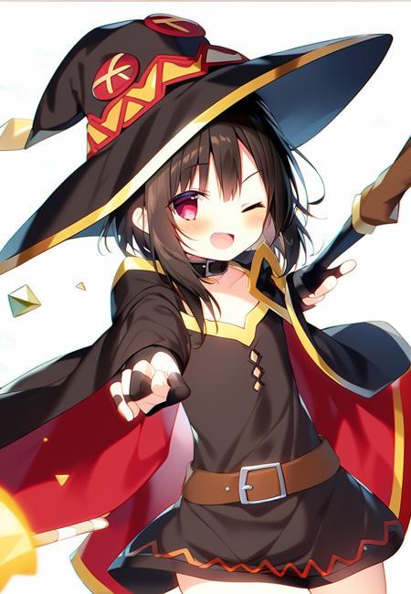 1girl, megumin, satou kazuma, 1boy, hat, witch hat, red eyes, gloves, thighhighs, staff, bandages, cape, brown hair, short hair, fingerless gloves, black hair, smile, dress, looking at viewer, single thighhigh, open mouth, red dress, one eye closed, pointing at viewer, blush, belt, cat, blue eyes, pointing, white background, black thighhighs, black gloves, bandaged leg, short hair with long locks, simple background, asymmetrical legwear, collar <lora:ç½ç-03:1>