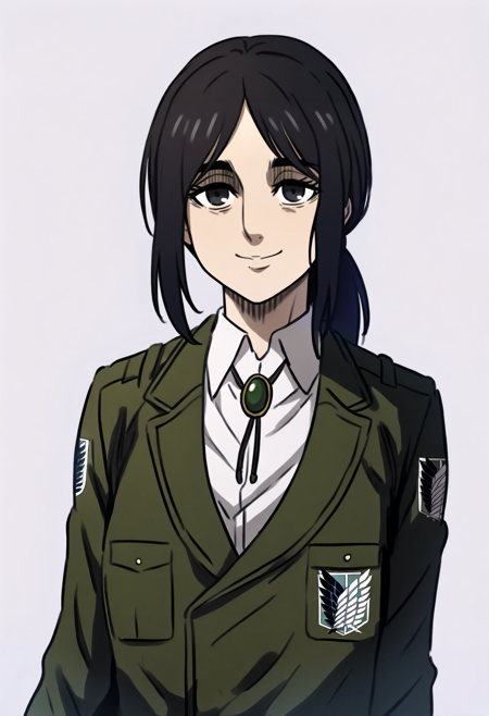 1girl, pieck finger, black hair, long hair, black eyes shingeki no kyojin pieckeldian, armband, brown coat, pleated brown skirt, long skirt, collared shirt, long sleeves, necktie, boots pieckjaegerist, ponytail, black eyes, brooch, military uniform, green long coat, survey corps \(emblem\), knee boots