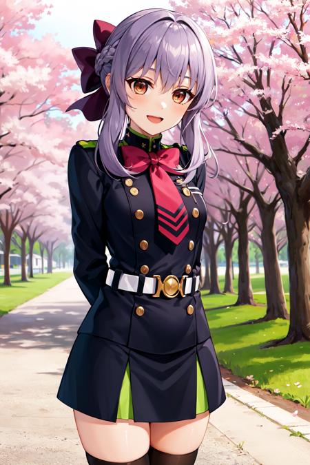 masterpiece, best quality, highres, aashinoa, hair bow, military uniform, red bowtie, long sleeves, armband, white gloves, belt, black thighhighs, <lora:hiiragi_shinoa_v1:0.7>, arms behind back, smile, open mouth, cherry blossoms, outdoors, standing, cowboy shot