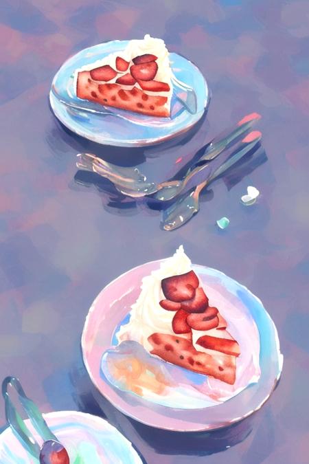 crl_fd6  style, masterpiece, best quality, extremely detailed, detailed background, detailed pastel colors, illustration, watercolor, paint splatter, cake, dessert, red fruits, white plate on table, dripping paint