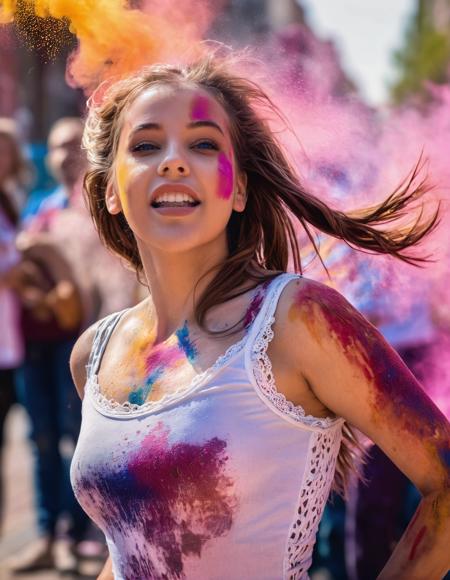<lora:barpalvin_xl_5_standard:0.9> neutral expression, (comfortable, confident expression:1.2), eye contact, wet glossy lips, beautiful European woman, 25 year old woman, (long hair:1.3), (realistic matte skin, skin texture visible:1.5), (upper body shot:1.5)
(sharp image, best quality, UHQ, high resolution, 4k), saturated vivid vibrant colors
Swirling in the midst of an explosion of Holi colors on a sunlit street, a woman in white dances joyously, her face painted in a myriad of hues, each speck capturing a fragment of her joy, Lace bodysuit paired with high-waisted jeans