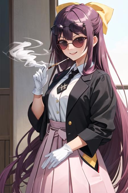 best quality, masterpiece, highres, solo, {black business suit:1.40}, {tie:1.20}, {sunglasses:1.25}, {white gloves:1.15}, {white shirt:1.10}, {black skirt:1.15}, {smoking:1.20}, handsome, {kamikaze_kantaicollection:1.15}, long_hair, purple_hair, bow, hair_bow, purple_eyes, yellow_bow, hakama, pink_hakama, smile, tasuki