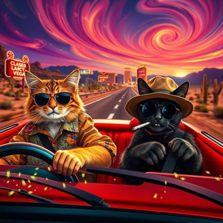 (((PERSPECTIVE FROM THE SIDE OF THE CAR))) of Two cats in a red convertible speeding down a desert highway toward a neon-lit Las Vegas skyline. The scene mirrors the iconic ‘Fear and Loathing in Las Vegas’ shot, but with feline travelers. (((The driver, a scruffy tabby in oversized aviator sunglasses and a Hawaiian shirt, grips the wheel with a wild expression. The passenger, a sleek black cat in a bucket hat and round tinted glasses, leans back with a smug grin, a cigarette dangling from its mouth and paws gesturing as he talks))).  Windshield visible with glowing luminescent bugs on it, ((perspective looking from the driver side)), exaugurated eyes and smile, smoking a joint, 
The environment is infused with psychedelic energy—distorted road signs melt into the horizon, the sky swirls with surreal colors, and cacti appear to sway and stretch. The desert landscape warps in a heatwave haze, while neon reflections shimmer in the car’s chrome details. The perspective is exaggerated and chaotic, capturing the frenetic, trippy atmosphere of the original scene in a humorous and feline twist.
