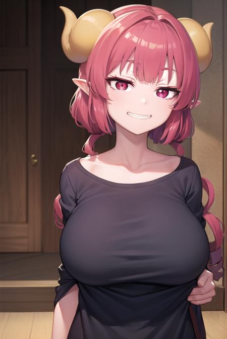 dragonilulu, <lora:ilulu-lora-nochekaiser:1>,
ilulu, curled horns, horns, long hair, multicolored hair, purple hair, (red eyes:1.5), red hair, (slit pupils:1.5), (large breasts:1.2), <lora:smirkingeye_v100:1>, <lora:talkmouth_I_v100:1>,
BREAK black shirt, (long shirt:1.5), black thighhighs, collarbone, shirt, short sleeves, thighhighs, wide sleeves, zettai ryouiki,
BREAK looking at viewer, upper body, fully body,
BREAK indoors,
BREAK <lyco:GoodHands-beta2:1>, (masterpiece:1.2), best quality, high resolution, unity 8k wallpaper, (illustration:0.8), (beautiful detailed eyes:1.6), extremely detailed face, perfect lighting, extremely detailed CG, (perfect hands, perfect anatomy),