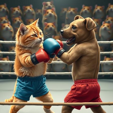 BOXING RING, A CAT WITH BOXING GLOVES AND BLUE SHORT PANTS FIGHTING WITH A DOG WITH BOXING GLOVES AND RED SHORT, BOTH ARE SWEATING, BACKGROUND A LOT OF HAMSTERS CHEERING