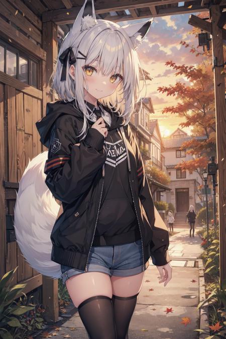 pixai, 1girl, white haired, long hair, fox girl, (black fox ears), (1fox_tail), hair ribbon accessories, neck ribbon, white collared buttoned shirt, black jacket-hoodie, black denim shorts, black thigh highs, shrine, sunset, intricate details, highres, best quality, yellow eyes, kind smile, looking at viewer, HDR, autumn, autumn leaves,