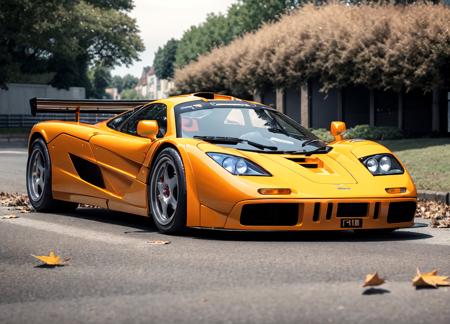 f1lm sports car parked on a street with leaves on the ground, autumn, global illumination, volumetric lighting, highly detailed, photorealistic, realistic, 8k, uhd, best quality