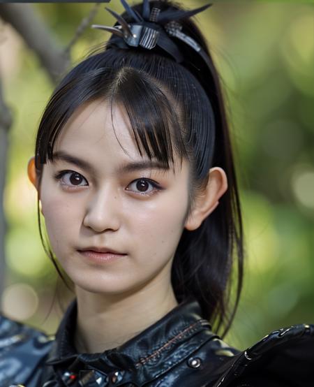 realistic, photorealistic, detailed, beautiful, RAW photo, film grain, (natural lighting :1.2), japanese, woman, raw photo, photo background, ponytail, suzuka nakamoto,S0zuka23, punk style, black outfit, 20 years old, detailed black eyes,  <lora:S0zuka23:0.55>, big ears <lora:nakamotosuzuka_lora:0.65>, bokeh, park,