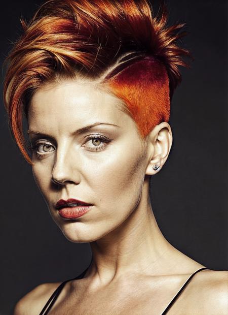 portrait of sks woman by Flora Borsi, style by Flora Borsi, bold, bright colours, orange Mohawk haircut, ((Flora Borsi)), <lora:locon_andreaparker_v1_from_v1_64_32:1.25>