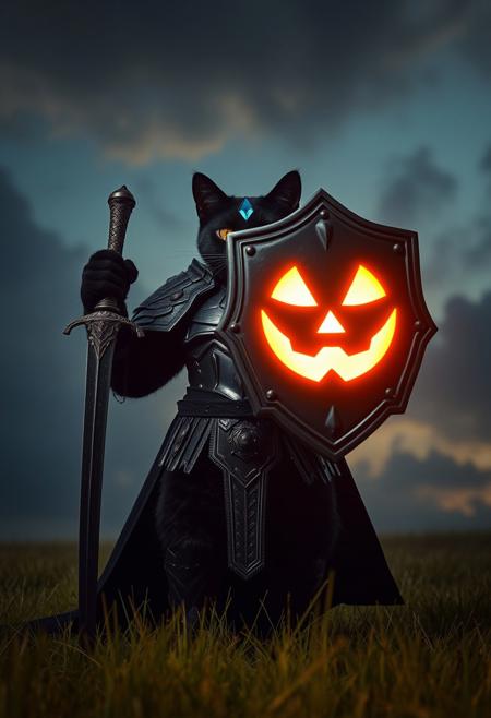 ,A video from a front camera angle about a muscular black cat warrior clad in dark armor holding a glowing shield with a jack-o-lantern face. the video also shows a glowing sword and a glowing helmet.  a 1cat warrior appears to be standing, facing the viewer, looking at them, with its orange eyes. the cat warrior is wearing heavy metal armor, including pauldrons, breastplate, and shoulder armor, and has a blue gem on its forehead. the warrior is holding a sword in one hand and a shield in the other, with a glowing, glowing face on the shield. the background is a dark, smoky sky with a gradient of blue and brown tones, and the video is set in a grassy field.                                  \u13                    ,    The cat warrior raises the shield high, the camera tilts slightly upward to emphasize the glowing jack-o-lantern face.,    ,          remixOf: