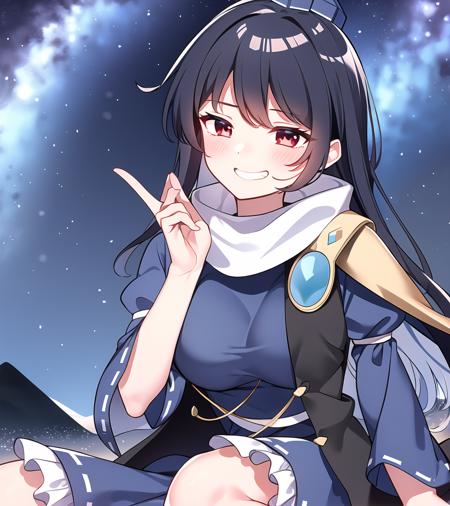 Iizunamaru Megumu, blue tokin hat, white circle scarf, blue dress, golden pauldron, black cape, pom pom (clothes), night sky, mountain, starry stars, stars, grin
<lora:Iizunamaru_Megumu:0.8>