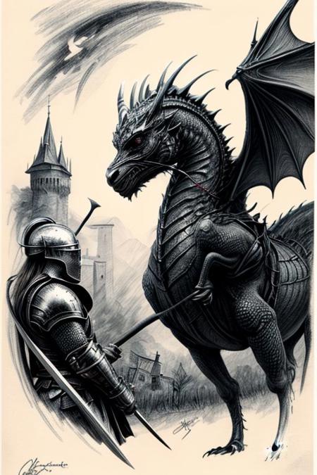 Pencil sketch, intricately detailed, rich shadows, highest resolution, highest quality, 8k UHD, 
best perfect realistic HD ultra HD 4k clear and detailed image, battle knights with a large and fearful fire dragon, nearby castle, weapons swords, crossbows, bows, detailed visualizations of knights, dragon and landscape, detailed depiction of their faces and weapons and armor, and o ...