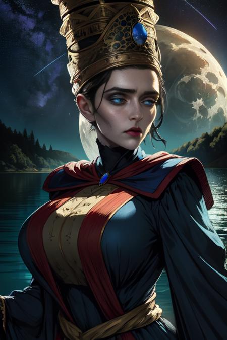 Rennala,short black hair,blue eyes,  upper body, sad expression,   cowboy shot,  large breasts,  
ReDres,jewelry, tight blue robe,long crown,long sleeves,
wide sleeves,
tall woman, 
lake,moon close-up,nighttime,stars,
dark dungeon,(insanely detailed, beautiful detailed face, masterpiece, detailed eyes, best quality),realistic, <lora:Rennala-10:0.8>