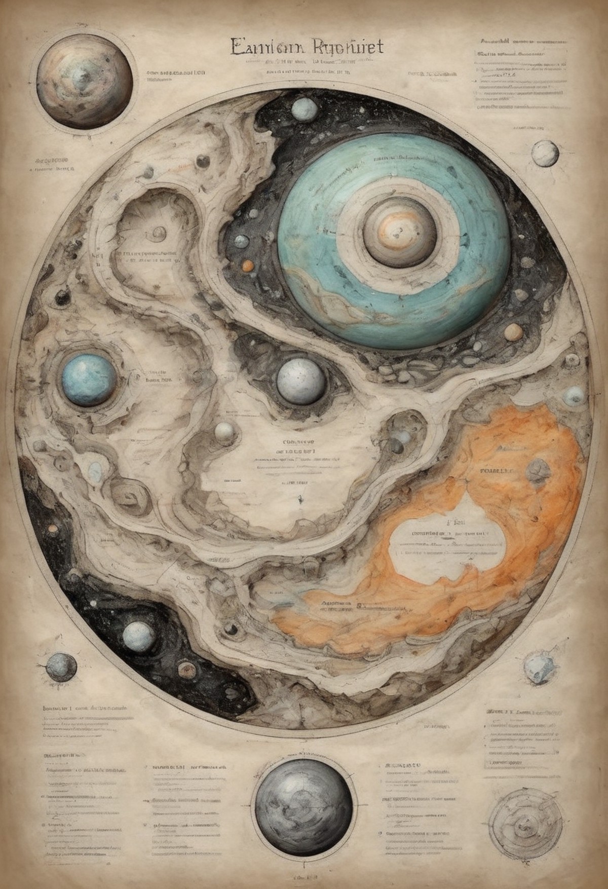 elaborate cartography of an alien planet with cutout detail geological and topographical details black ink and pastels col...