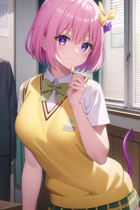 momodevilluke, <lyco:momo deviluke darkness-lyco-nochekaiser:1>,
momo deviluke, demon tail, hair flower, hair ornament, (purple eyes:1.1), pink hair, short hair, tail, smile,
BREAK demon tail, green skirt, plaid, plaid skirt, sainan high school uniform, school uniform, skirt, sweater vest, thighhighs, (yellow sweater:1.5), short sleeves, bow, (green bow:1.5),
BREAK indoors, classroom,
BREAK looking at viewer, (cowboy shot:1.5),
BREAK <lyco:GoodHands-beta2:1>, (masterpiece:1.2), best quality, high resolution, unity 8k wallpaper, (illustration:0.8), (beautiful detailed eyes:1.6), extremely detailed face, perfect lighting, extremely detailed CG, (perfect hands, perfect anatomy),