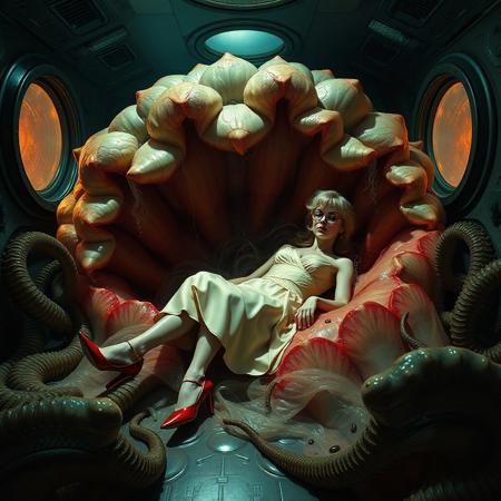 Terrified blonde damsel, clad in a  1950s long delicate silk slip, her glasses askew,  laying in center of giant carnivorous flower monster, ensnared in thin crystal slime veils, struggling to break free, entangled in thin slimy tentacles, surrounded by  glossy  transparent petals reflecting the faint glow of the weird alien laboratory. Glossy fluffy  high heels a stark contrast to her distress, while transparent nectar   mass covering her encasing in jelatinious mass . the walls appear to be alive, covered in a pulsing, iridescent slime, while giant observation portholes gaze in like empty eyes, as if the very darkness of space itself is watching this horrific scene unfold. Inspired by the dark, industrial sci-fi of H.R. Giger, the eerie, atmospheric lighting of Zdzisław Beksiński, and the surreal, biomechanical nightmares of Francis Bacon.