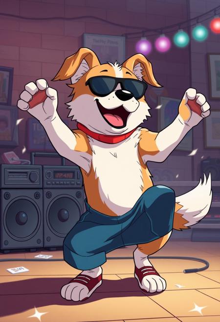 anime style, a dog break dancing with a boom box,