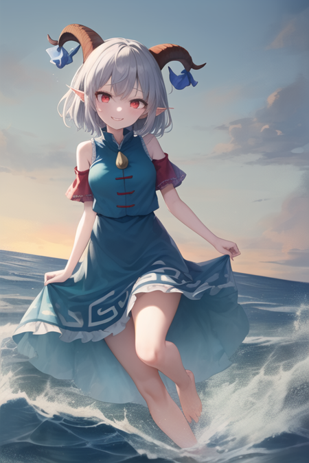 Yuuma Toutetsu red eyes silver hair fluffy hair short hair light blue dress short red sleeves shoulders red goat horns with blue ribbons barefoot