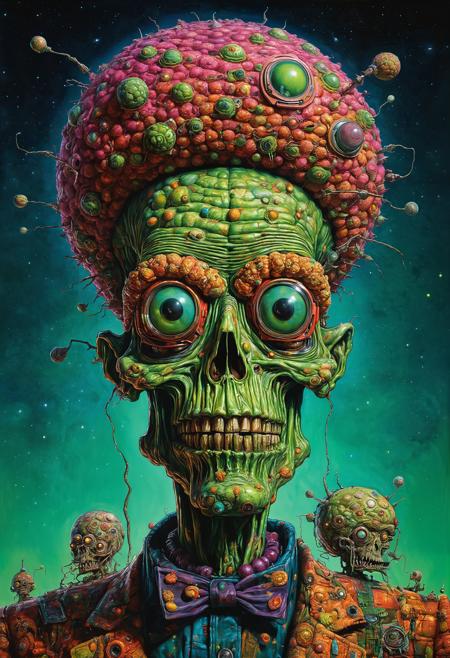 Mars Attacks, in the style of iconic pop culture caricatures, cosmic horror, grotesque caricatures, giuseppe arcimboldo, schizocore, colorful moebius, green academia