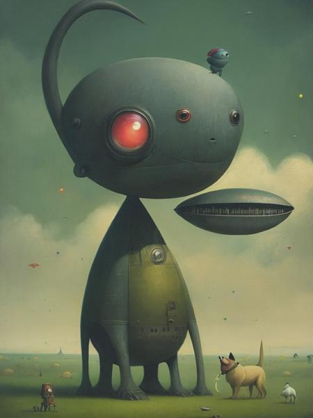 <lyco:ShaunTan:1.0> a human/dog alien hybrid, pop surrealism in the art style of Shaun Tan