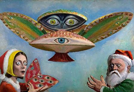 p1c4ss0, seraphins, mystical creature with hundreds of eyes and wings, roswell alien with yellow christmas hat delivering presents with santa riding a ufo sleigh, 1908 Woman with a Fan