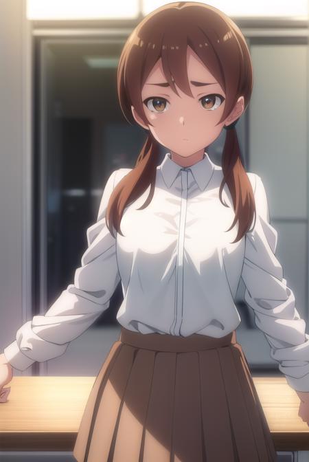 himaritakanashi, <lora:himari takanashi s1-lora-nochekaiser:1>,
himari takanashi, brown hair, twintails, (brown eyes:1.3), low twintails,
BREAK skirt, shirt, school uniform, white shirt, pleated skirt, brown skirt,
BREAK indoors, classroom,
BREAK looking at viewer, (cowboy shot:1.5),
BREAK <lyco:GoodHands-beta2:1>, (masterpiece:1.2), best quality, high resolution, unity 8k wallpaper, (illustration:0.8), (beautiful detailed eyes:1.6), extremely detailed face, perfect lighting, extremely detailed CG, (perfect hands, perfect anatomy),