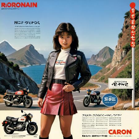 Visualize a classic Japanese motorcycle advertisement from the 1980s. In the foreground, a young and vivacious woman with styled hair typical of the 80s era is posed confidently. She's wearing a fashionable outfit of the time, perhaps a leather jacket and mini skirt. Behind her, in a slightly faded hue to ensure she remains the focal point, is a sleek and shiny motorcycle, embodying the spirit of freedom and adventure. The background showcases a scenic route, possibly a coastal road or a mountain pass, invoking the thrill of the open road. The colors are vibrant yet slightly faded, reminiscent of the vintage prints from the 80s. The text on the advertisement is in bold, retro fonts, promoting the motorcycle's brand and model, <lora:jp80:0.75>