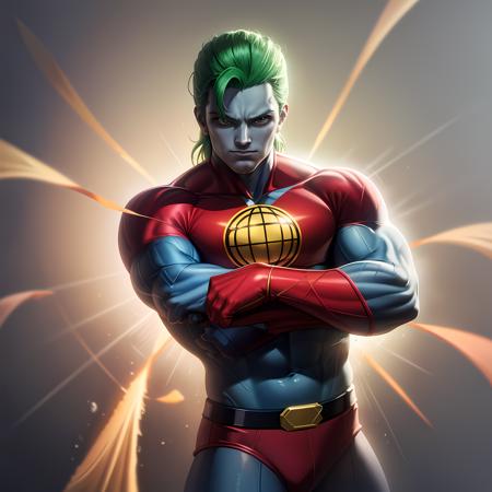 ((masterpiece, best quality)),(complex light),1boy, solo,colored skin, captain planet, <lora:captain_planet1-10:0.7>,green hair, fighting stance,