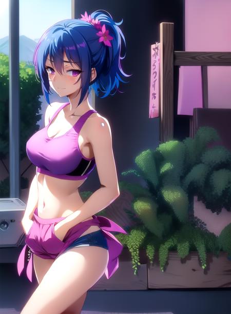 <lora:KogureAoi:0.5>,1girl,solo,short hair,breasts,blush,medium hair,hair ornament,medium breasts,blue hair,purple eyes,pink eyes,ponytail,flower,seductive smile,hair flower,(farm background:1.1),(sports bra :1.2),(Standing with hands in pockets :1.2),(Fuchsia),