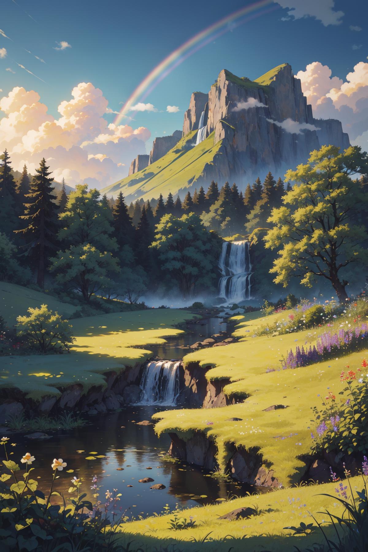 A serene mountain landscape with a waterfall and lush greenery.