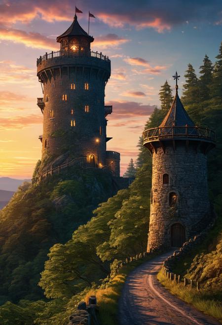 A close-up, portrait of a warrior with a speartip, in the foreground, in the background a single, winding road, leading up through a forest towards a high watchtower on the top on a hill, lights twinkle in the tower as twilight approaches and the sun sets, hyper-detailing, UHD, 3D digital fantasy art, 16K,