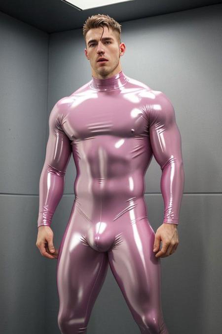 clearpicture, goodquality, realistic, muscular, man, full body, latex suit, naked, enormous bulge, giant bulge, gagged , bdsm, showing ass, tears, crying, tied up, pink latex, gag