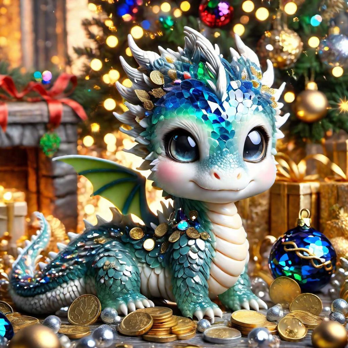 A cute baby dragon figurine sitting in front of a Christmas tree.