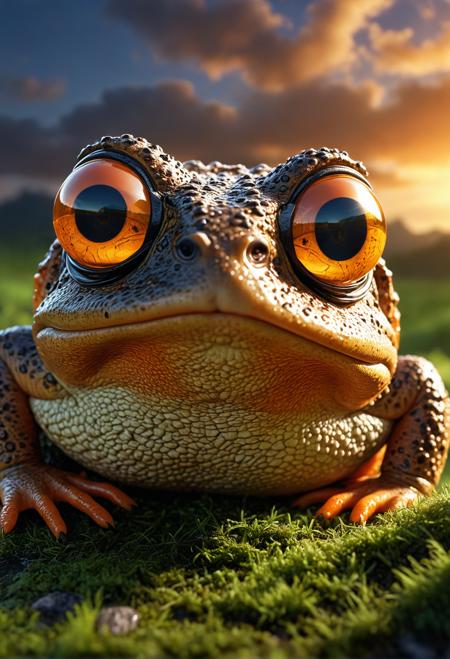 Toad in moss, Hyperrealistic, glowing skin, matte painting, reflection, at night, female, best quality, outline, high detailed texture, vibrant details, line art, facial muscles, beautiful detailed sky, orange eyes, 24mm, macro photography, light rays, sunglasses, atmospheric, hires